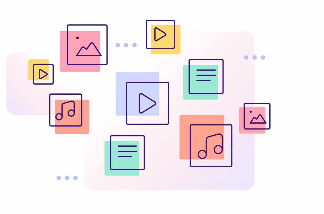 District CMS stylised graphic showing content of different visual, audio and textual formats